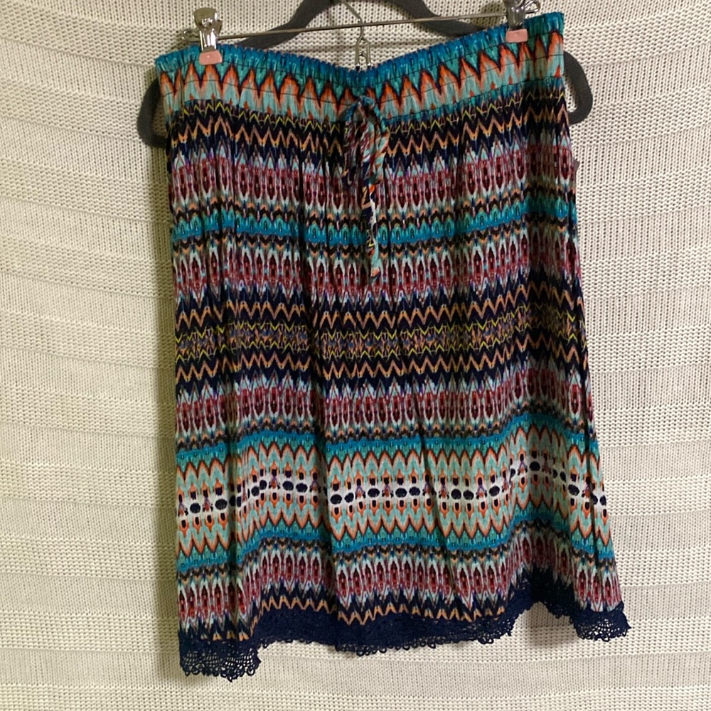 NWT Large A-line Skirt Geometric colorful Ikat print and crochet hem